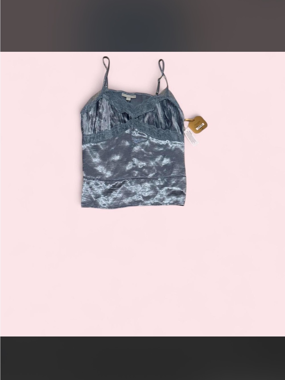 Satin Lace-Detail Cami Tank Top - Dusty Blue